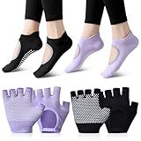FHUIEWRY 2 Pairs Non Slip Yoga Gloves Toe Socks Set for Women, Silicone Dot Grip Fingerless Gloves and Yoga Athletic Socks for Pilates, Ballet, Dance, Barefoot (Black,Purple)