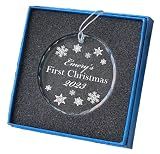 Personalized Crystal “First Christmas” Ornament – 3 in Round Keepsake with Gift Box & Ribbon – Custom Name & Year Baby, Couple or Family