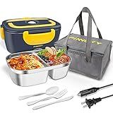 LETAAKA Electric Lunch Box Food Warmer, 80W Food Heater 3 in 1 12/24/110V for Car and Home, Lunch Heating Microwave for Truckers with 304 Stainless Steel Container, Heated Food Box with Tableware