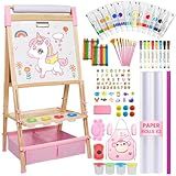 Art Easel for Kids,Adjustable Wooden Easel for Kids,119+ Art Supplies,Double Sided Magnetic Chalkboard and White Board Whit Storage Basket,Drawing and Painting for Aged 2-4,5-7,8-12,2 Paper Rolls