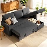 77" Pull Out Sleeper Sofa Bed with Storage Chaise, L-Shaped Corduroy Sectional Couch, 3-Seater Convertible Sofa Bed for Small Space, Apartment & Guest Room, Pet-Friendly & Easy Assembly, Dark Grey