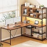 SEDETA L Shaped Computer Desk, 58'' Office Desk with LED Light and Bookshelf, L Shaped Corner Desk with Storage Shelves for Home Office, Gaming Desk, L Desk, Rustic Brown
