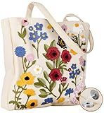 Miss Adola Embroidery Canvas Tote Bag for Women - Reusable Totes with Magnetic Buckle Cute Aesthetic Designer Shoulder Bags for Shopping Grocery Daily Work, Retro Flowers