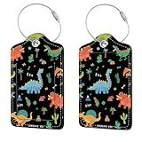2 Pcs Luggage Tags for Suitcase, Cute Unique PU Leather Travel Bag Tag with Privacy Cover ID Label Address Card and Durable Metal Ring Suitable for Men Women Children Backpack,Dinosaurs