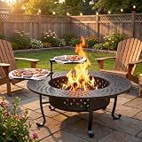 43" Fire Pit, Firepit with Adjustable 2 Grills & Lid & Fire Poker for Patio