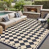 HUGEAR Outdoor Rug for Patios Clearance,Waterproof Mat,Large Outside Carpet,Reversible Plastic Straw Camping Rugs,Rv,Porch,Deck,Camper,Balcony,Backyard (8x10,Checkered/Black&Beige)