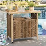 Andehomy Outdoor Bar Table with Storage Cabinet, Patio Serving Cart with Wheels, Wicker Bar Cart and Grill Cart Prep Station, Rolling Kitchen Island for Patio, Backyard, Poolside, Outdoor Use, Beige