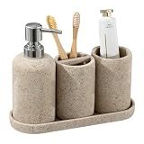 Bathroom Accessories Set, Bathroom Organizer Countertop, Soap Dispenser and Toothbrush Holder, Mouthwash Cup, Tray Set, Vanity Tray for Bathroom, 4 Pieces Modern Decor (Beige)