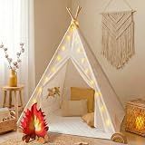 Little Dove Teepee Tent for Kids with Star Lights, Mat & Campfire Toy, Premium Cotton Canvas Kids Play Tent with Wooden Poles, Foldable Indoor Outdoor Playhouse with Carry Bag, Gift for Boys