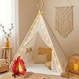 little dove Teepee Tent for Kids Foldable Teepee Play Tent with Carry Case, Banner, Fairy Lights, Olives Branches, Four Poles Style Raw White Color - New Version Tiny House