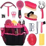 TERPUP Horse Grooming Kit 13 Piece, Horse Brushes for Grooming Supplies with Tote Bag, Horses Tack Brush Set for Effective Grooming and Cleaning, Gift for Horse Riders Beginners (Pink)