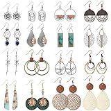 16 Pairs Boho Earrings for Women, Funtopia Dangle Earrings for Women Trendy, Vintage Ethnic Sunflower Earrings, Statement Geometric Round Teardrop Wooden Leather Earrings Jewelry