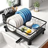 SNTD Dish Drying Rack - Small Dish Rack for Kitchen Counter, Stainless Steel Dish Drainer with Utensil Holder and Drainboard, 11" W x 15" L (Black)