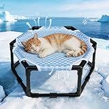Cherishelt Elevated Cat Cooling Hammock Bed, Hexagonal Raised Cat Cot with Breathable Ice Beanie Fabric and Anti Slip Block, Cooling Pad Mat Indoor Outdoor Stable Pet Swing Bed for Small Puppy, Blue