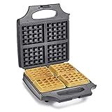 bella Waffle Iron - 4 Square Belgian Waffle Maker, Non-stick Extra Large Plates for Easy Cleanup - Compact Design, Stainless Steel, Black, 1400W