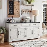 JXQTLINGMU 66" Farmhouse Buffet Cabinet with Storage, Sideboard Credenza, Carved Cloud-Inspired Doors, 3 Drawers & Adjustable Shelves, Coffee Bar Cabinet, Off White