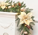 SHareconn 9FT Prelit Christmas Garland Decorations with Multi-Color LED Lights, Battery-Operated Timer, Lighted Garland with Ball Poinsettia for Mantle Table Fireplace Stairs Railing Indoor Decor