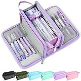 Sooez Large Pencil Case, Big Capacity Pencil Pouch Pen Bag with 3 Compartment, Portable Canvas Stationery Organizer with Zipper, Cute Aesthetic School Supplies for Teen Girls, Purple with Plaid
