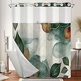 NAEMBCU No Hook Shower Curtain with Snap in Liner, Abstract Teal Green Botanical Leaf Print, Waterproof Bath Tub Curtain with See Through Top for Modern Boho Chic Bathroom Decor, 71W x 74H