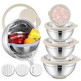 E-far Mixing Bowls with Lids Set, 15PCS Stainless Steel Mixing Nesting Bowl with Colander & 3 Metal Grater for Kitchen Prep/Baking/Storage, Non-Slip Bottom & Airtight Lid, 4.6, 3, 1.5, 1, 0.7QT, Khaki
