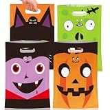50 Pcs Halloween Goodie Bags with Handles, Happy Halloween Treat Bag, Plastic Trick or Treat Pumpkin Gift Goody Candy Cookie Snack Party Favor Bags Bulk for Trick or Treating Helloween Party Supplies