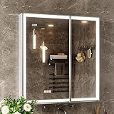 QueenFun 30x32 Lighted Medicine Cabinet with Mirror, Beveled Brushed Nickel Framed Surface or Recessed Fogless Dimmable LED Medicine Cabinet with Lights, Outlet, Time Display and Sensor Inner Light