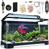 3.5 Gallon Betta Fish Tank, All in One Aquarium Starter Kits with Back Filter, Adjustable Pump, 25W Heater, Digital Thermometer, LED Light with Timer & Water Changer Kit, Nano Fish Tank, AIO Aquarium