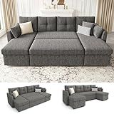Huatean Home Oversized Sleeper Sofa Couch, 110 inch 2 in 1 Pullout Couch Bed with Double Storage Chaise, Sectional Sleeper Sofa Bed with Side Pocket for Living Room, Dark Grey
