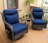PIZZELLO Outdoor Swivel Rocker Chairs 3 Pieces Wicker Swivel Patio Chair with Rattan Side Table, 5" Extra Thick Cushions and 25" Full Support Back, Patio Furniture Set for Outside Porch Deck