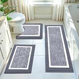Pauwer Bathroom Rugs 3 Piece Set, Non Slip Washable Bath Mat, Dark Grey