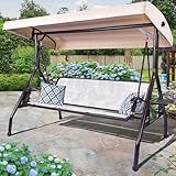 ZZW 3 Person Patio Swing Outdoor Swing for Adults with Adjustable Canopy &Upgraded Cup Holders Textilene Fabric Porch Swing Chair with Stand Heavy Duty 800 LBS