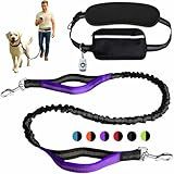 BJDQHKJ Hands-Free Dog Leash for Dogs up to 130 lbs – Heavy-Duty, Shock-Absorbing Bungee Leash with Zipper Pouch, Dual Padded Handles & Adjustable Waist Belt for Running & Walking – Bright Purple