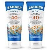 Badger Sport Mineral Sunscreen, Reef Safe, SPF 40, 98% Organic with Zinc Oxide, Water Resistant, Hawaii Reef Act 104 Compliant, Unscented & Hypoallergenic, For Sports & Adventures, 2.9 fl oz, 2-Pack