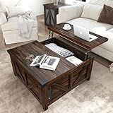 jimeimen Farmhouse Lift Top Coffee Table with Storage, Wood Square Center Table with Charging Station&USB Port, Living Room Table w/Large Hidden Space, for Living Room, Bedroom, Home Office, Brown