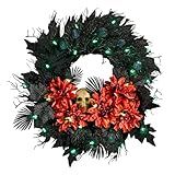 National Tree Company, 24inch Artificial Boo-Tiful Halloween Wreath with Orange Florals and White Skull, 30 Green LED Lights