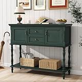 ARTPOWER Console Table with 2 Drawers, Retro Entryway Table with 2 Door Cabinets and Open Storage Shelf, Narrow Long Behind Couch Sofa Table for Living Room, Foyer, Hallway, Green