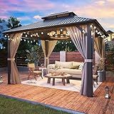 AirWire 10'x12' Gazebo Hardtop Gazebo, Aluminum Frame Pergola with Double Galvanized Steel Roof, Permanent Outdoor Metal Canopy with Curtain & Netting for Patio, Backyard, Deck, Dark Grey