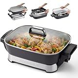 Elite Gourmet 15" x 12" x 3" Stow-Away Foldable Electric Skillet, Ceralast™ PFAS Free Ceramic, 1500W Rapid Heat, Dishwasher Safe Pan & Lid, Black/Grey