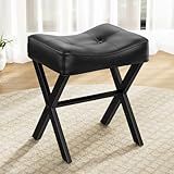 Memobarco 18-Inch Leather Vanity Stool Chair, Vanity Bench with Metal X-Leg, Ottoman Accent Stool with Thick Padded Saddle Seat, Black