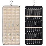 Dynoro Double-Sided Hanging Jewelry Organizer, Large Black Storage Roll for Earrings, Necklaces, Rings, 48 Pockets 21 Hooks, Durable Oxford Fabric for Closet, Wall, Door, 1 piece, Jewelry Not Included