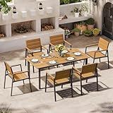 Oasbira Outdoor Dining Set for 6, Patio Table and Chairs Set with Umbrella Hole, 7 Pieces HDPS + Aluminum Outdoor Furniture Sets for Patio, Garden (Gray & Teak)