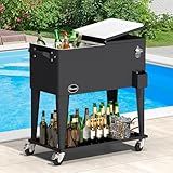 YITAHOME Cooler Cart with Bottle Opener Drainage, Portable Patio Cooler on Wheels, Outdoor Beverage Cart Ice Chest Cart, Black