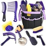 KUNBEIEN Horse Grooming Kit - 11 Piece Bathing Supplies with Organize Bag, Full Body Kit Including Sweat Scraper, Bath Sponge, Hoof Pick, Massage Comb (Purple)