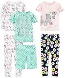 Simple Joys by Carter's Girls' 6-Piece Snug Fit Cotton Pajama Set, Green Dots/Navy Donut/Pink Elephant/White Zebra, 7