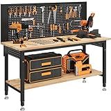 CAMMOO 60" Work Bench Adjustable Height with Storage Shelf, Max Load 2000 LBS Heavy Duty Rubberwood Tabletop with Pegboard, LED Light, Built-in Power Strip for Woodworking Shop, Garage, Home