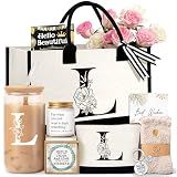 Lepiche Birthday Gifts for Women, Monogrammed Initial Gift for Teacher Wife Mom, Tote Bag,Glass Cup Gift Basket Personalized Christmas Mother's Teacher Appreciation Day,L
