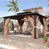 Aoxun 12'x10' Hardtop Gazebo with Polycarbonate Double Roof, Brown