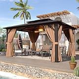 Aoxun 12'x10' Hardtop Gazebo, Aluminum Frame Permanent Pavilion with Curtains and Netting, Outdoor Polycarbonate Double Roof Canopy, Designed for Garden, Lawns, Patio, Brown