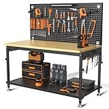 CAMMOO 48" Heavy Duty Work Bench Adjustable Height Max Load 2000 LBS with Storage Shelf for Garage Workbench, Rubberwood Tabletop with Pegboard, LED Light, Built-in Power Strip for Woodworking Shop