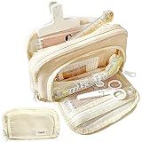 LSLSHY Big Capacity Pencil Case Large Three-ply Zipper Pen Pouch Office School Stationery Supplies for Teen Girls Boys Students (Beige)